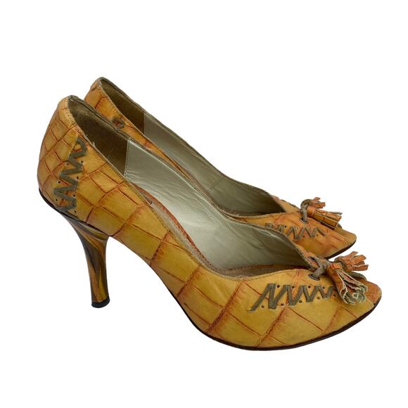 Goffredo Fantini Women Orange Leather Croc Print Peep Toe Tasseled Heel Pump 37 - Picture 3 of 9